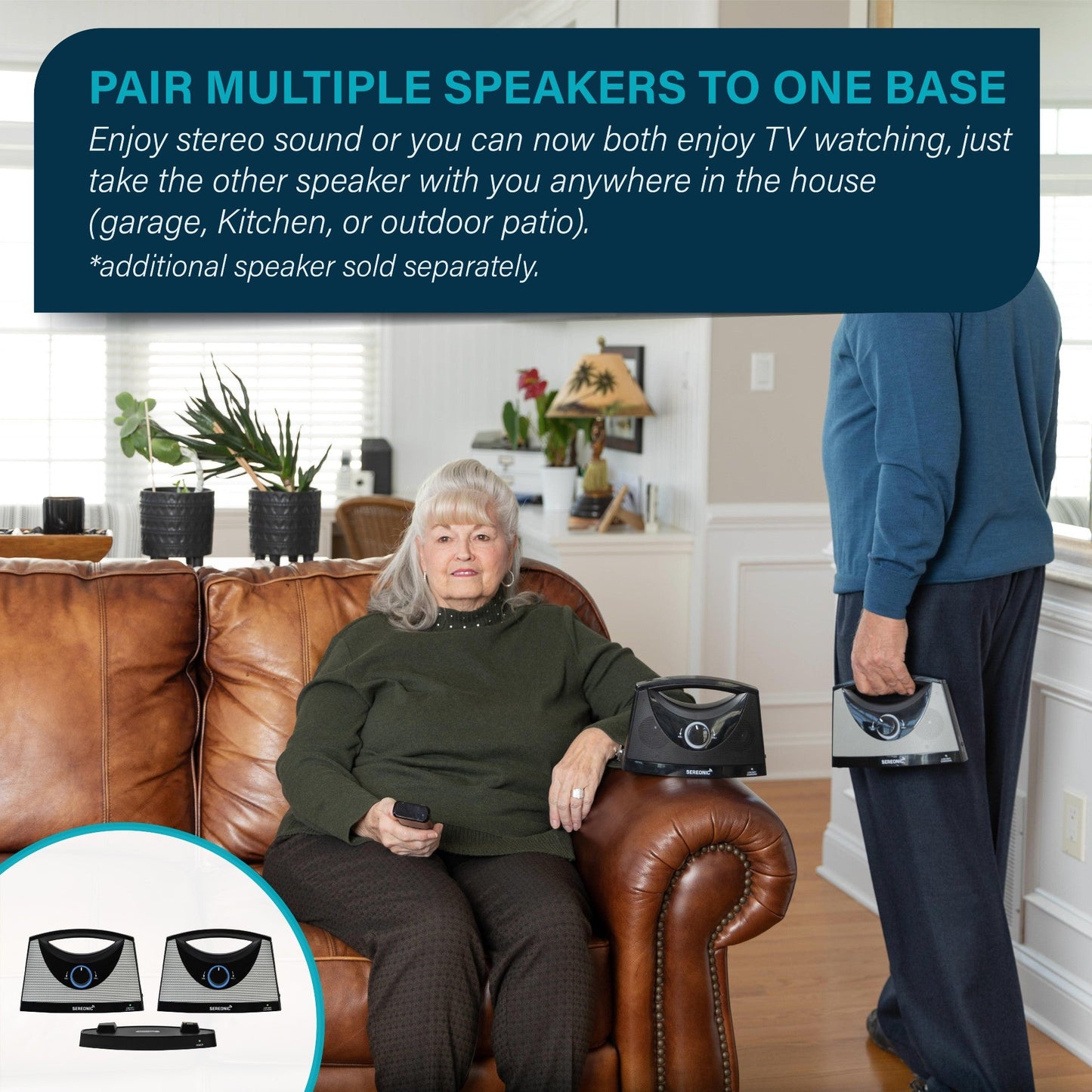 SEREONIC Portable Wireless TV Speakers for Smart TV - Ideal for TV Watching Without The Blaring Volume - Wireless Speakers for TV Designed for Hard of Hearing, Elderly, and Seniors - 100ft Range