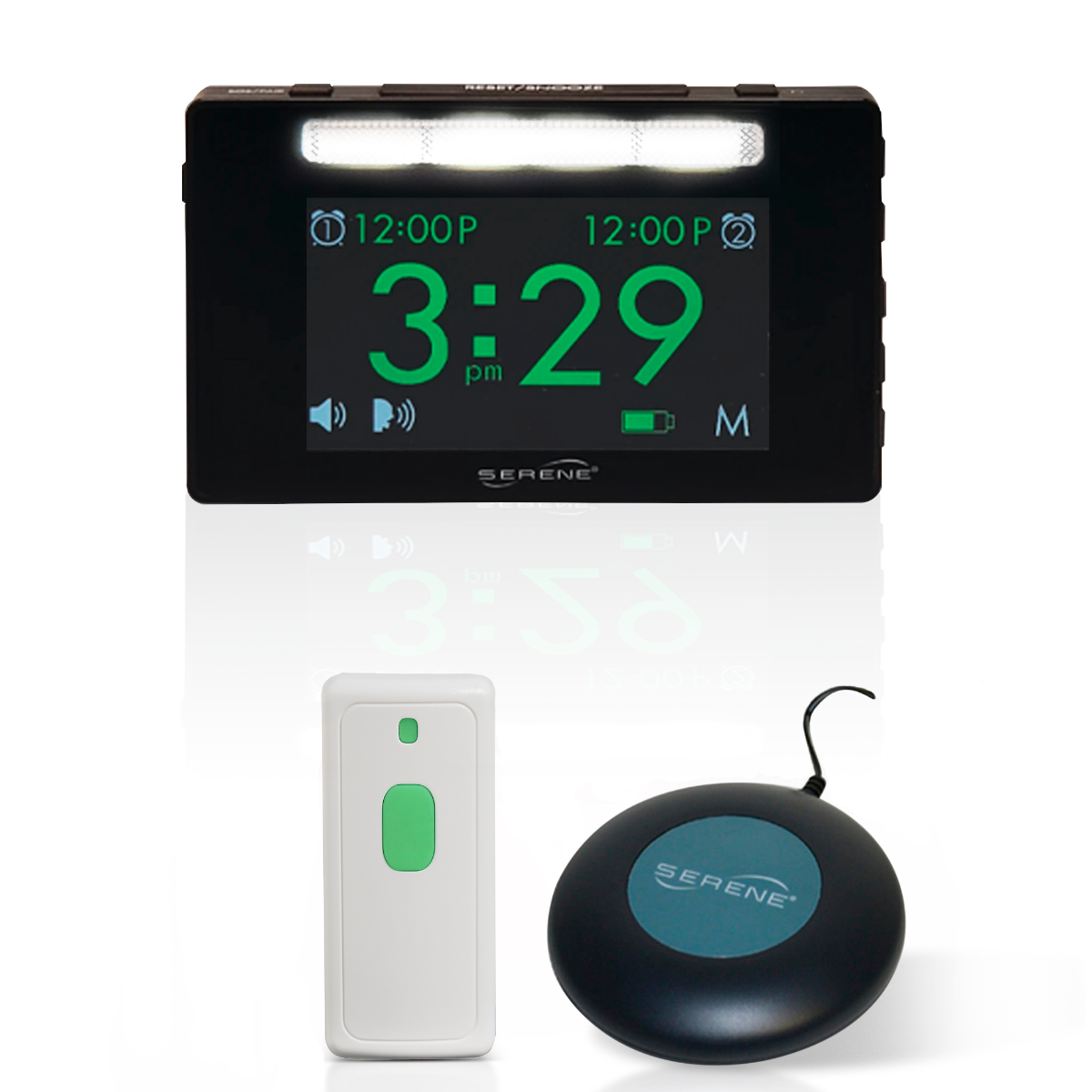 Dual Alarm Clock for Heavy Sleepers – Elderly Assistance Products with Loud Door Alarm, Wireless Doorbell Chime and Bed Shaker. Get Alerted to Fire Alarm, Phone Ringing, and More – SEREONIC CA-360Q.